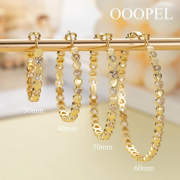 14k Gold Plated 40mm Heart Cubic Zirconia Rhinestone Hoop Earring for Women - Picture 7 of 7